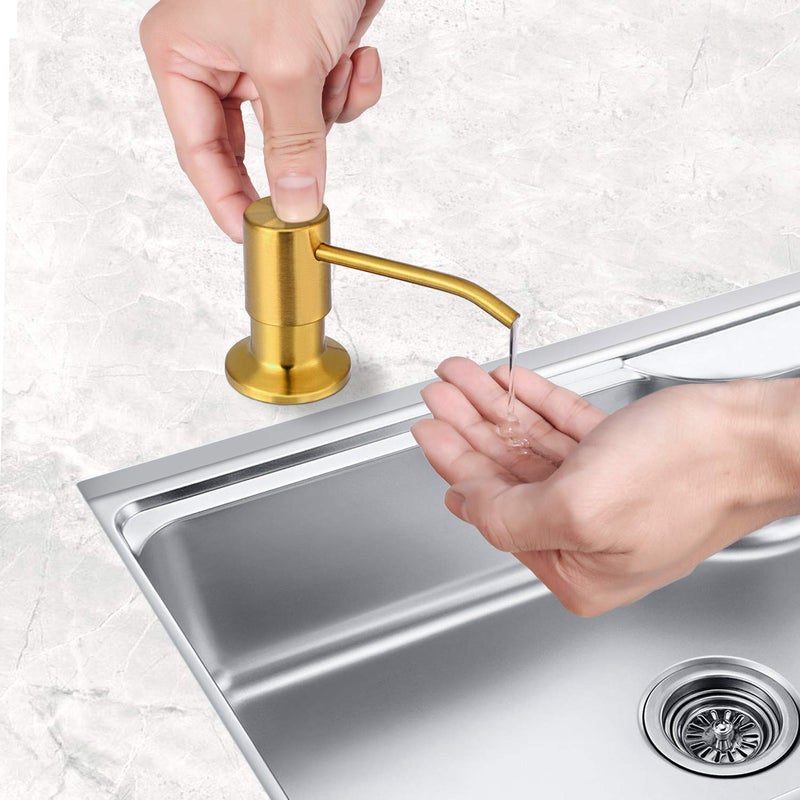SAMODRA Soap Dispenser for Kitchen Sink, Premium Stainless Steel Pump Head 17 OZ Bottle 3.15 Inch Threaded Tube for Granite Thick Deck Installs (Brushed Brass) - Image 4